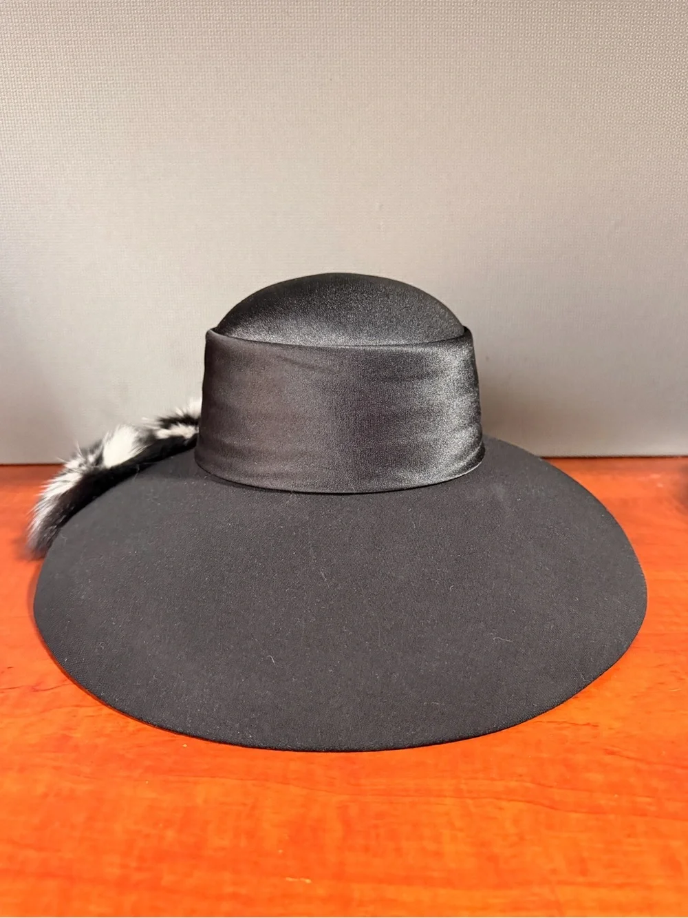 ML Studio Black Wide-Brim Wool Hat with Black & White Fur Pom Details